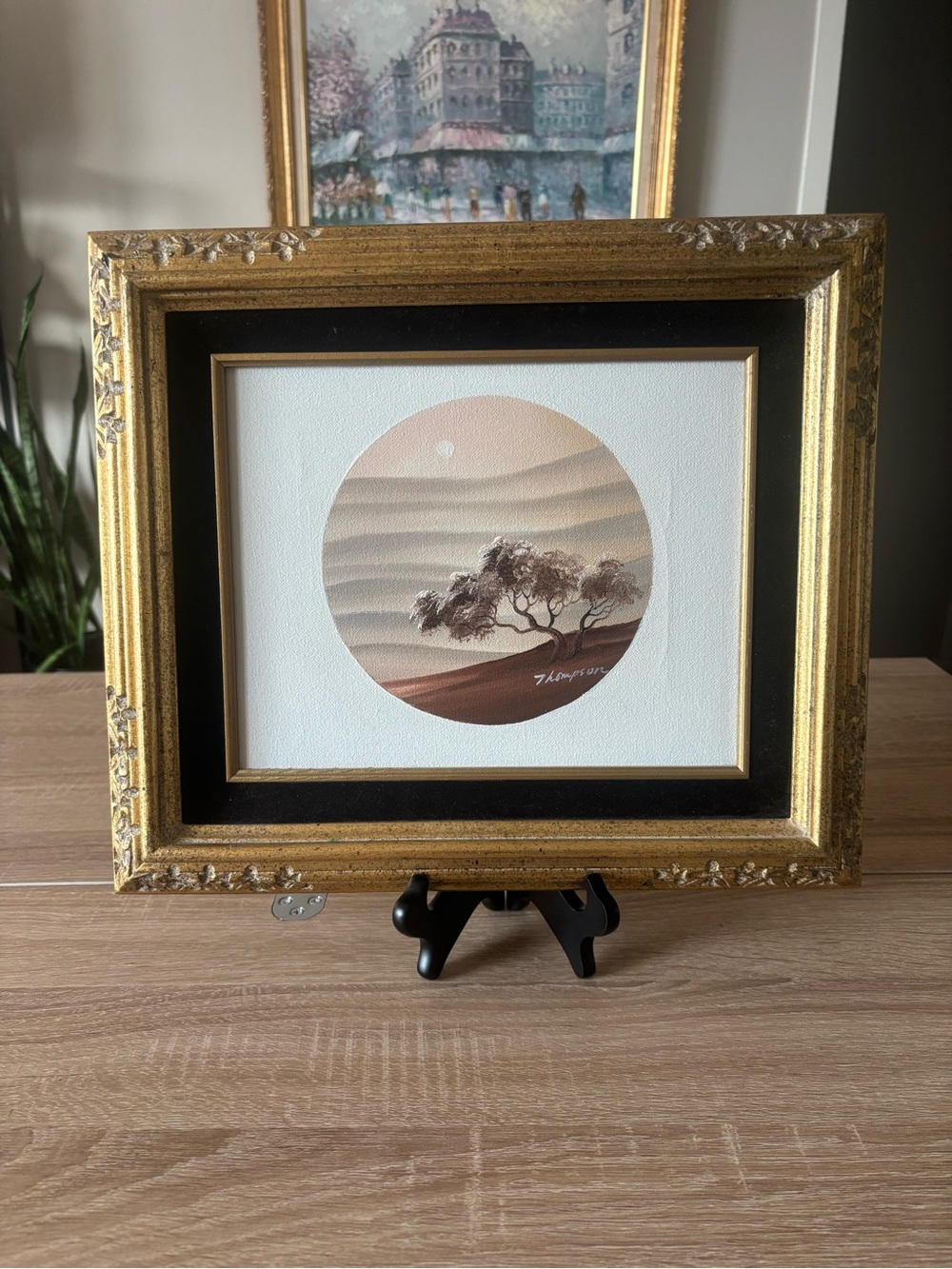 Vintage 1982 Framed Desert Trees Oil Painting with Ornate Gold Frame